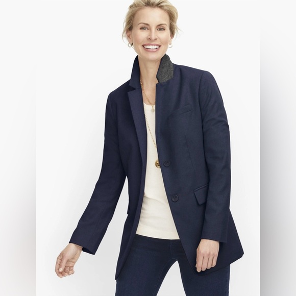 Talbots Petite Long Wool Blend Blazer Size 12P Brushed Wool Navy Blue Classic - Picture 1 of 13
